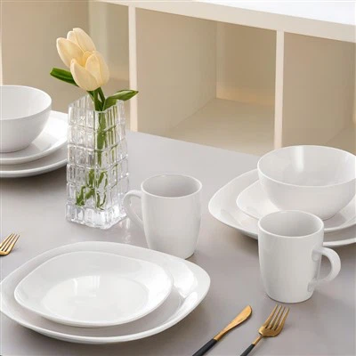 4 16개 도자기용 흰색 사각형 식기 세트
